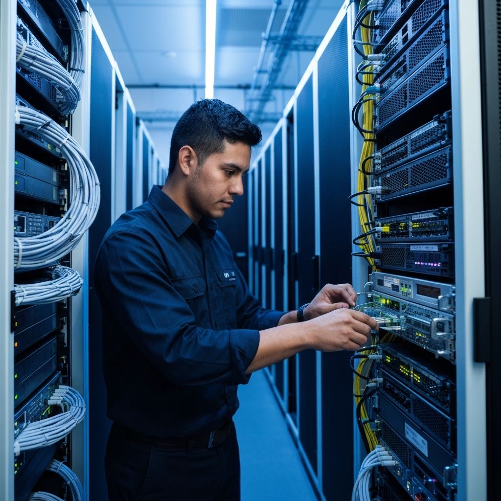 Network technician working in a server room